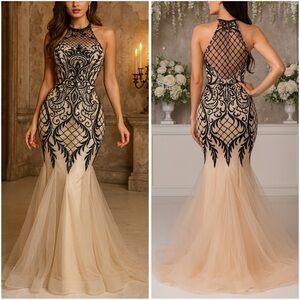 Nina Canacci Beaded Sequin Mermaid Gown Dress in Cream Black
